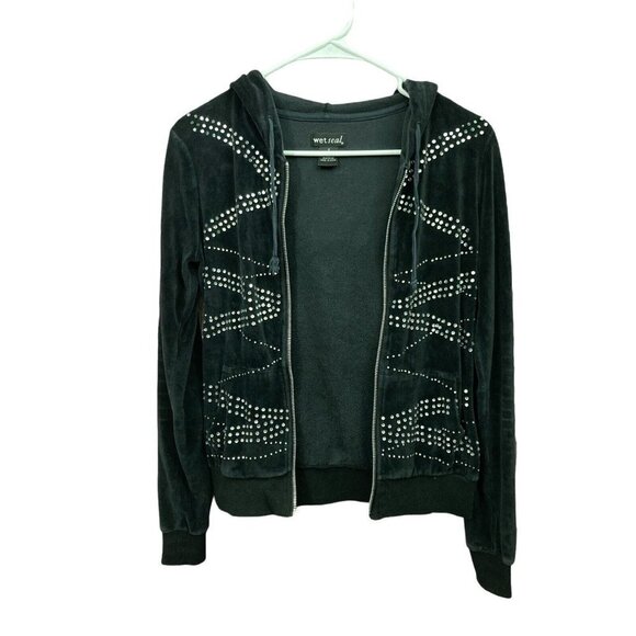 WET Seal Juniors Small Dark Gray Velour Hooded Sweatshirt Vintage Y2K - Picture 1 of 4